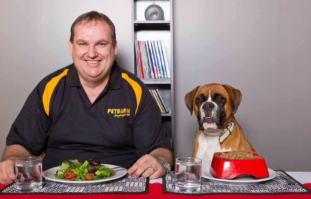 DOGGY DETOX: Jeff Hickson prepares to tuck into a healthy salad and he’s provided a healthy meal for his dog too. PHOTO: CONTRIBUTED DOGGY DETOX: Jeff Hickson prepares to tuck into a healthy salad and he’s provided a healthy meal for his dog too. PHOTO: CONTRIBUTED